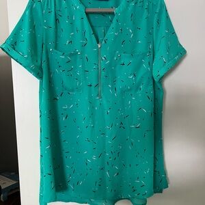 Apt. 9 Relaxed Blue and Green Blouse with Mandarin Collar